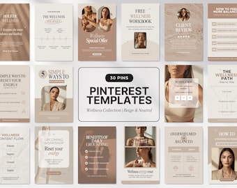 Peut inclure: Ensemble de 30 modèles Pinterest dans des tons beiges et neutres. Les modèles sont conçus pour le contenu bien-être, avec du texte et des images liés au bien-être holistique, à la recharge d'énergie et à l'ancrage quotidien. Les modèles comprennent diverses mises en page et conceptions.