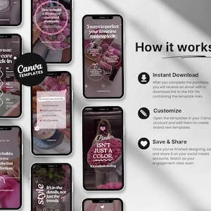 May include: A set of Canva templates for social media, featuring pink and white colour schemes. The templates include titles such as "How to build a lifetime of cherished moments", "3 ways to perfect your feminine makeup look", "5-step basic self-care check-in", "How to build a feminine wardrobe that feels effortless", "It's in the details, not just the trends", and "Pink isn't just a colour, it's a whole feeling".
