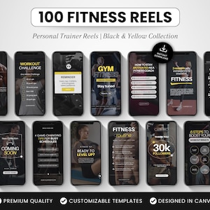 100 plantillas de Instagram Reels de fitness, Reels de gimnasio editables en Canva, videos de redes sociales con estética negra y amarilla para entrenadores personales.