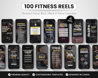 Fitness Instagram Reels Templates, Canva Editable Reels for Trainers Online Coaches, Black and Yellow Aesthetic, Social Media Video Content
