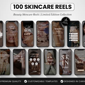 100 Skincare Instagram Reels Templates, Editable Canva Skincare Videos with Hooks, Beauty & Skincare Social Media Content Bundle
