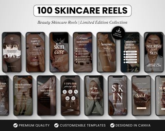 100 Skincare Instagram Reels Templates, Editable Canva Skincare Videos with Hooks, Beauty & Skincare Social Media Content Bundle