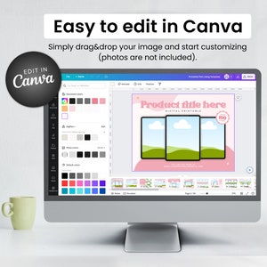 May include: A computer screen displaying a pink and white digital printable product listing template in Canva. The template features a pink background with a white cloud and green grass design. The text "Product title here" is displayed in a white box with a pink border. The text "Digital Printable" is displayed in a smaller white box below the title. A pink circle with a white border and the text "100" is displayed in the upper right corner of the template.