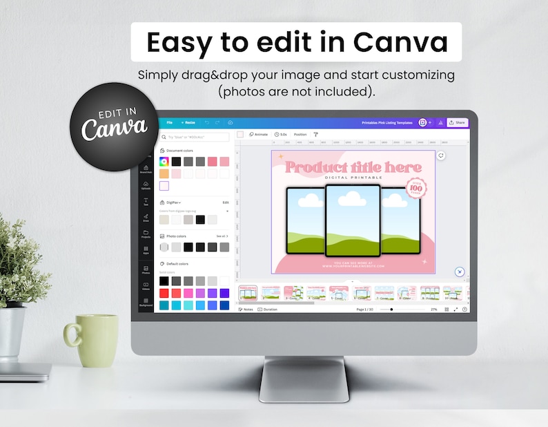 May include: A computer screen displaying a pink and white digital printable product listing template in Canva. The template features a pink background with a white cloud and green grass design. The text "Product title here" is displayed in a white box with a pink border. The text "Digital Printable" is displayed in a smaller white box below the title. A pink circle with a white border and the text "100" is displayed in the upper right corner of the template.