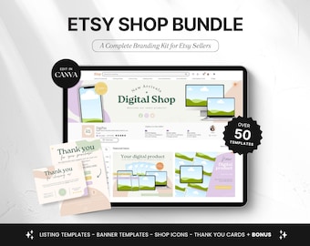 Paquete de plantillas de Canva para tiendas Etsy, kit de marca Etsy para productos digitales, plantillas editables para banners y listados de Etsy, kit de tienda colorido