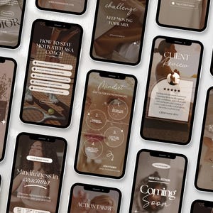 May include: A collection of smartphones displaying motivational and coaching content. The screens feature text like "How to Stay Motivated as a Coach," "Mindfulness in Coaching," and "Client Review." The color scheme is neutral with beige and brown tones.