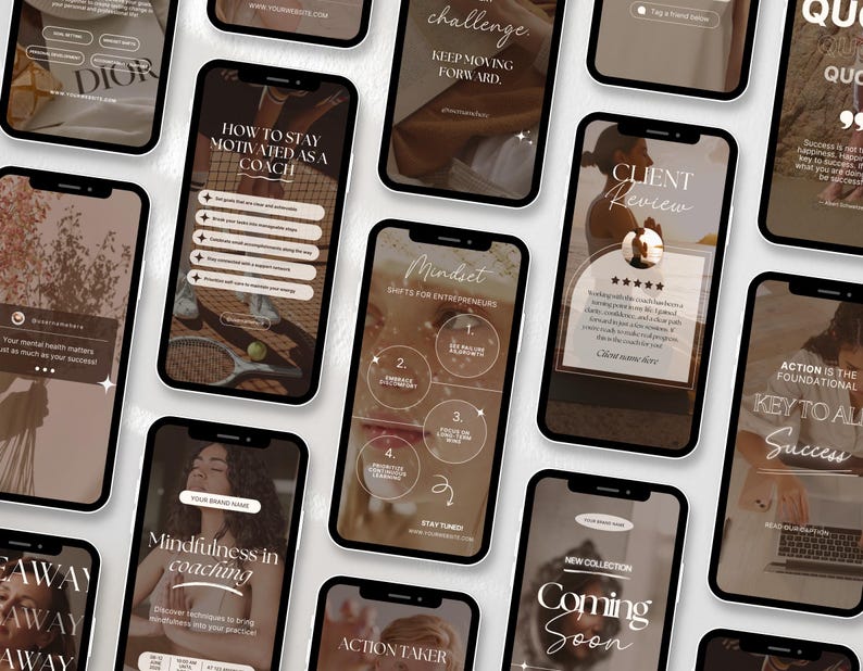 May include: A collection of smartphones displaying motivational and coaching content. The screens feature text like "How to Stay Motivated as a Coach," "Mindfulness in Coaching," and "Client Review." The color scheme is neutral with beige and brown tones.