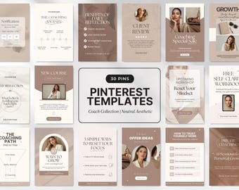 Peut inclure: Ensemble de modèles Pinterest à l'esthétique neutre. Les modèles présentent divers designs avec du texte et des images, notamment "Client Review", "New Course" et "Reset Your Mindset". La collection comprend 30 épingles.