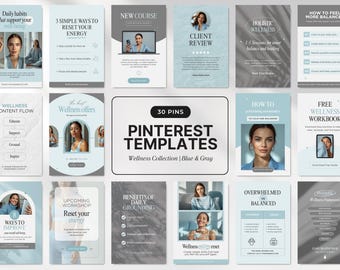 Peut inclure: Ensemble de modèles Pinterest bleus et gris, traitant de divers sujets liés au bien-être. Les modèles incluent du texte et des images, avec des titres tels que "Habitudes quotidiennes", "Nouveau cours" et "Revue client". Collection pour créateurs de contenu.