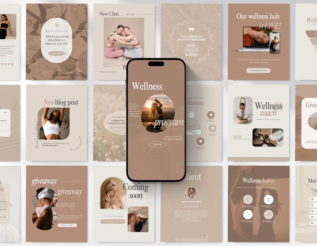 Wellness Instagram Templates Bundle Kit, Beige Wellness Coach Canva ...