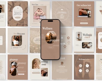 Wellness Instagram Templates Bundle Kit, Beige Wellness Coach Canva Template, Social Media Branding Kit for Coaches, Instagram Posts Stories