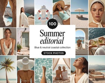 Peut inclure: Un collage de photos de stock sur le thème de l'été. Les images présentent des scènes côtières, notamment des modèles en maillots de bain et chapeaux, des parasols et des éléments architecturaux. Le texte indique "Summer editorial" et "Blue & neutral coastal collection."