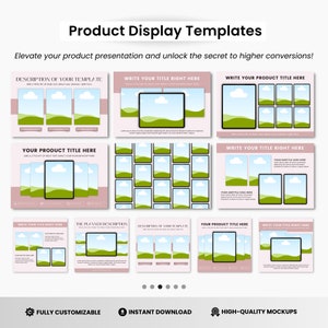 May include: A set of product display templates featuring a variety of layouts with a green and blue landscape background. The templates are fully customizable and include high-quality mockups. "Description of your template", "Write your title right here", "Write your product title here", "Your product title here", "Write your title right here", "The planner description", "Description of your template", "Your product title here", "Write your title right here" are some of the text elements included in the templates.