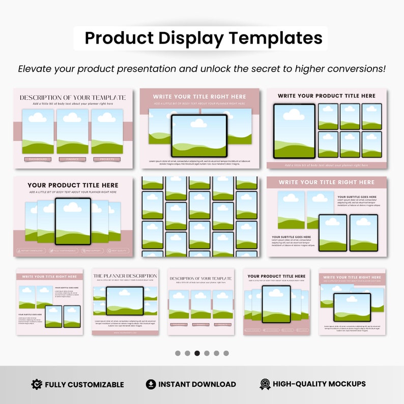 May include: A set of product display templates featuring a variety of layouts with a green and blue landscape background. The templates are fully customizable and include high-quality mockups. "Description of your template", "Write your title right here", "Write your product title here", "Your product title here", "Write your title right here", "The planner description", "Description of your template", "Your product title here", "Write your title right here" are some of the text elements included in the templates.