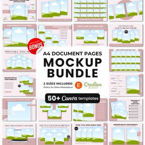 May include: A mockup bundle of 50+ Canva templates for creating digital documents. The templates feature a landscape design with green hills, blue sky, and white clouds. The text "A4 Document Pages Mockup Bundle" is displayed in a large font.