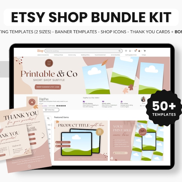 Etsy Printables Shop Bundel Herfst, Etsy Digital Shop Branding Kit Boho, Etsy Listing Template Printables, Etsy Printables Banner Sjablonen