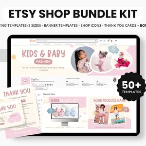 Etsy Kids & Baby Shop Bundle, Etsy Kids Branding Kit, Etsy Baby Banner Templates, Etsy Listing Template Kids Products, Etsy Mockups Canva