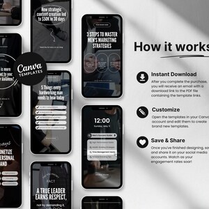 May include: A set of Canva templates for social media marketing. The templates are designed for men's marketing strategies and include topics such as hustle vs balance, monetizing your personal brand, and leadership. The templates are black and white with a modern design.