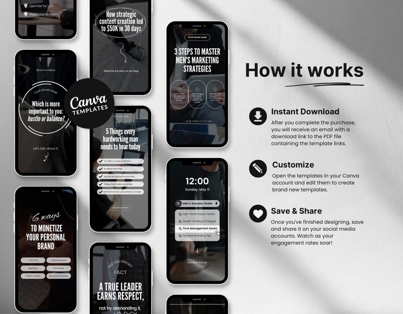 May include: A set of Canva templates for social media marketing. The templates are designed for men's marketing strategies and include topics such as hustle vs balance, monetizing your personal brand, and leadership. The templates are black and white with a modern design.