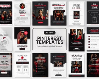 Peut inclure: Ensemble de modèles Pinterest à l'esthétique noire, axés sur le fitness et le bien-être. Les modèles présentent des images de personnes faisant de l'exercice, des citations motivantes et des guides pour l'exercice et les habitudes saines. Le texte comprend des phrases telles que "Simple Habits", "Workout Plans" et "Fitness Program Offer".