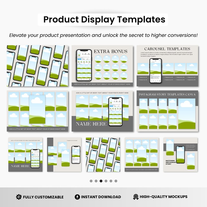 May include: A set of customizable Instagram story templates featuring a green and blue landscape with clouds. The templates are designed for showcasing products and include a "Name Here" placeholder. The templates are fully customizable and can be downloaded instantly.