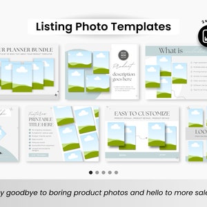 May include: A set of customisable social media templates featuring a green landscape with blue clouds. The templates include text boxes for product descriptions, features, and what is included. The text "Listing Photo Templates" is at the top of the image.