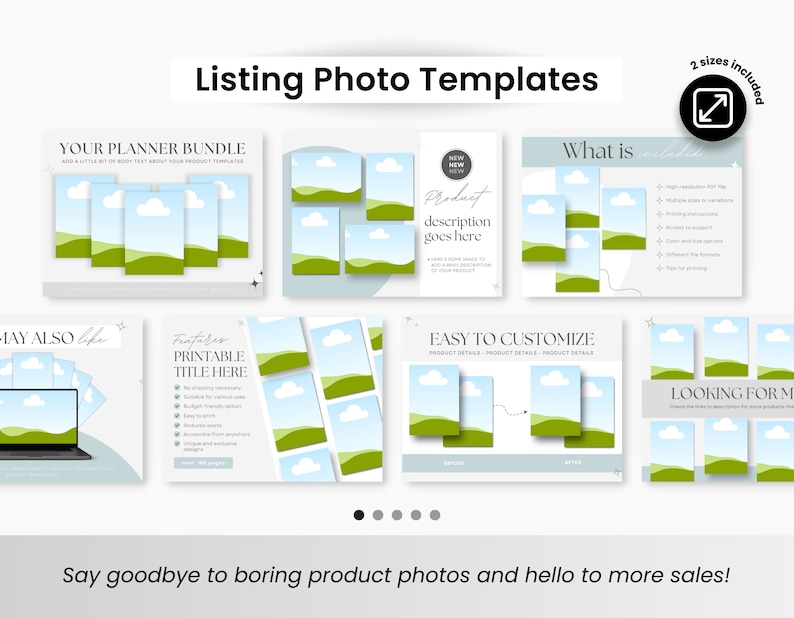 May include: A set of customisable social media templates featuring a green landscape with blue clouds. The templates include text boxes for product descriptions, features, and what is included. The text "Listing Photo Templates" is at the top of the image.