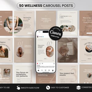 May include: A digital product mockup featuring 50 wellness-themed carousel posts. The posts have a neutral color palette with images and text. The Canva templates are ready to use, with a smooth slide flow, easy to customize, and a consistent design.