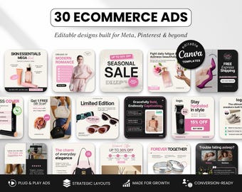 30 Ecommerce Ad Templates, Canva Marketing Ads for Online Store, Instagram Facebook Meta Ads, Social Media Templates for Product Promotion