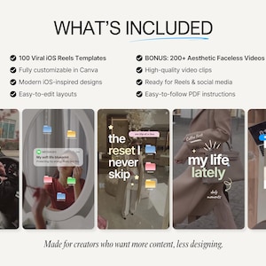 Puede incluir: Un producto digital que incluye 100 plantillas virales de Reels para iOS y 200 videos est&eacute;ticos sin rostro. El texto incluye WHAT'S INCLUDED, 100 Viral iOS Reels Templates, 200+ Aesthetic Faceless Videos y Made for creators who want more content, less designing.