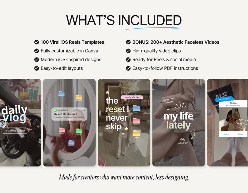 Puede incluir: Un producto digital que incluye 100 plantillas virales de Reels para iOS y 200 videos est&eacute;ticos sin rostro. El texto incluye WHAT'S INCLUDED, 100 Viral iOS Reels Templates, 200+ Aesthetic Faceless Videos y Made for creators who want more content, less designing.