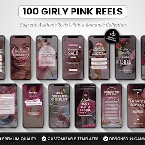 100 modelos de Instagram Reels rosa femininos, Coquette Canva Reels, vídeos de mídia social com estética suave para criadores de marcas de luxo femininas