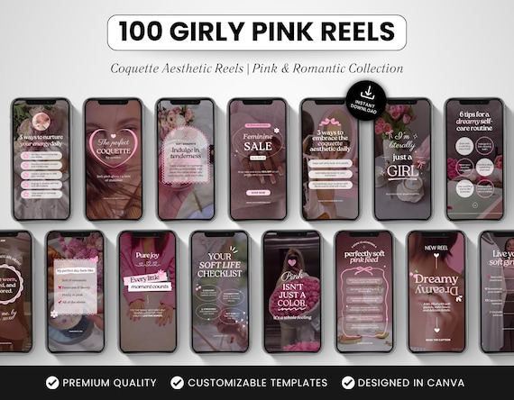 100 Girly Pink Instagram Reels Templates, Coquette Canva Reels, Soft Aesthetic Social Media Reel Videos for Feminine Luxury Brand Creators