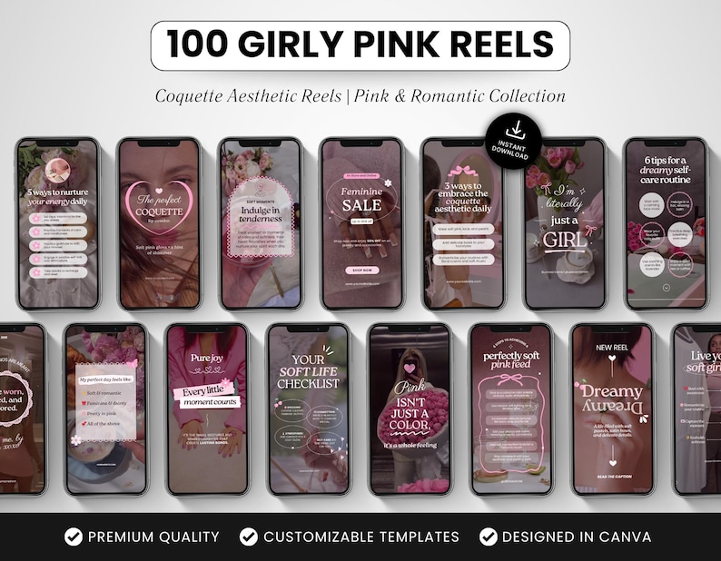 100 Girly Pink Instagram Reels Templates, Coquette Canva Reels, Soft Aesthetic Social Media Reel Videos for Feminine Luxury Brand Creators image 1