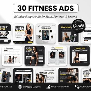May include: A promotional graphic with the text "30 FITNESS ADS" and "Editable designs built for Meta, Pinterest & beyond." The image features various fitness-related ad templates, including offers, guides, and workout courses, with a black and white color scheme.
