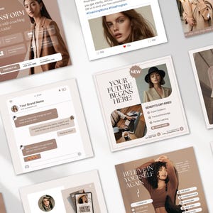 Op de afbeelding: Een verzameling marketingmaterialen met een neutraal kleurenpalet. De materialen omvatten social media posts, een chat interface en promotiekaarten. De tekst bevat zinnen als "TRANSFORM", "YOUR FUTURE BEGINS HERE!" en "BELIEVE IN YOURSELF AGAIN".