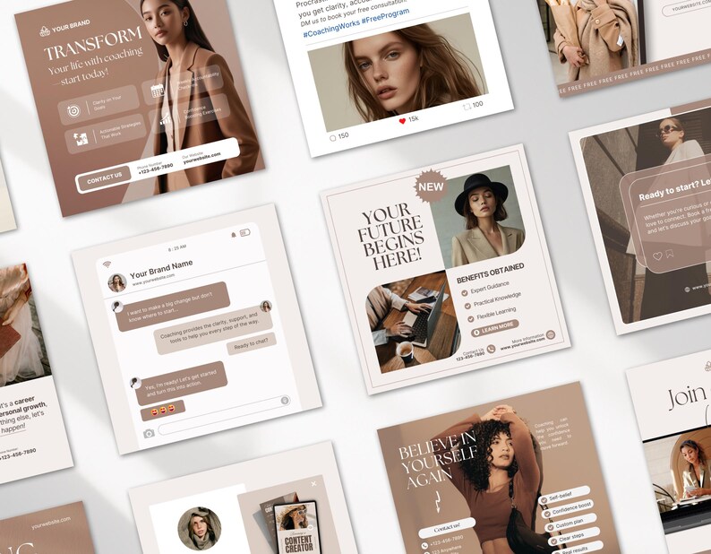 Op de afbeelding: Een verzameling marketingmaterialen met een neutraal kleurenpalet. De materialen omvatten social media posts, een chat interface en promotiekaarten. De tekst bevat zinnen als "TRANSFORM", "YOUR FUTURE BEGINS HERE!" en "BELIEVE IN YOURSELF AGAIN".