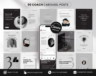 Peut inclure: Un produit de marketing numérique avec 50 publications de carrousel de coach en noir et blanc. Le design comprend du texte tel que "Comment attirer de meilleurs clients" et "Modèles Canva modifiables". Les publications sont conçues pour les réseaux sociaux.