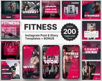 Fitness Coach Instagram Templates Bundle Kit, Fitness Instagram Posts & Stories, Gym Instagram Branding Kit, Coach Instagram Canva Templates
