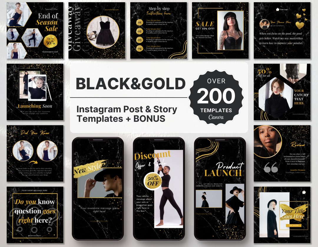 Black & Gold Instagram Templates Bundle Kit, Luxury Instagram Branding ...