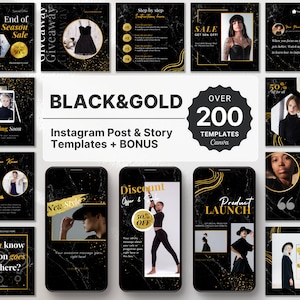 Schwarz & Gold Instagram Templates Bundle Kit, Luxus Instagram Branding Kit, Instagram Posts und Stories, Schwarz Marmor Gold Instagram Canva