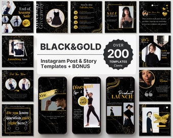 Schwarz & Gold Instagram Templates Bundle Kit, Luxus Instagram Branding Kit, Instagram Posts und Stories, Schwarz Marmor Gold Instagram Canva