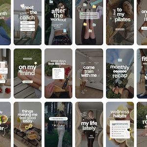 Pode incluir: Uma coleção de dezoito modelos digitais de histórias para redes sociais com temas de bem-estar e fitness. Cada modelo inclui texto sobreposto, ícones e elementos interativos para compartilhar conteúdo de estilo de vida.