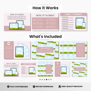 May include: A mockup template for an online store or website. The template features a pink background with a green and blue landscape design. The text "How it Works" and "What's Included" is displayed in a bold font. The template includes a variety of mockups for different devices, such as a tablet and a smartphone.