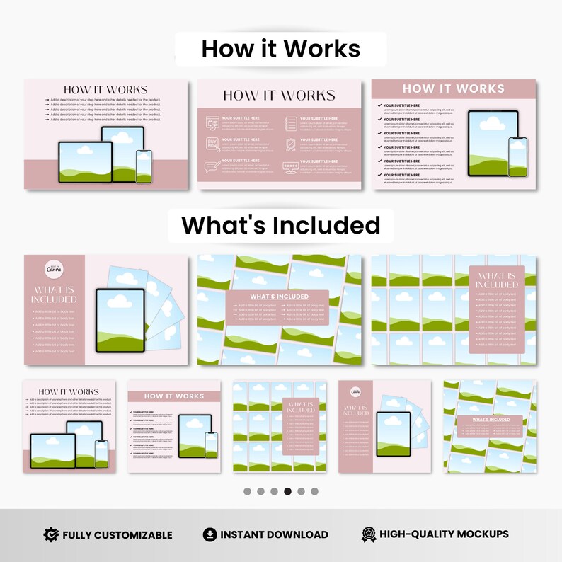 May include: A mockup template for an online store or website. The template features a pink background with a green and blue landscape design. The text "How it Works" and "What's Included" is displayed in a bold font. The template includes a variety of mockups for different devices, such as a tablet and a smartphone.