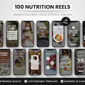100 Nutrition Coach Reels Templates, Editable Canva Social Media Videos, Neutral Aesthetic Instagram Reels for Health & Wellness Coaches