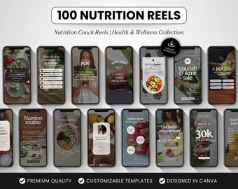 100 Nutrition Coach Reels Templates, Editable Canva Social Media Videos, Neutral Aesthetic Instagram Reels for Health & Wellness Coaches