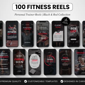 100 sjablonen voor fitness-Instagram-rollen, bewerkbare canva-sportschoolrollen, zwarte en rode esthetische sociale media-reelvideo's voor personal trainers