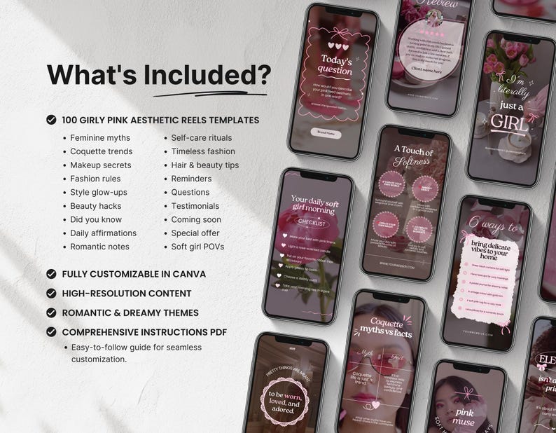 100 Girly Pink Instagram Reels Templates, Coquette Canva Reels, Soft Aesthetic Social Media Reel Videos for Feminine Luxury Brand Creators image 2