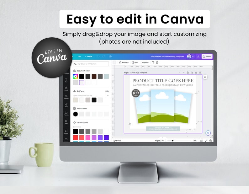 May include: A computer screen showing a Canva design template for a product listing. The template features a green and blue landscape with clouds and the text "PRODUCT TITLE GOES HERE" and "ALL PRINTABLES TABLE PADS INSTANT DOWNLOAD".